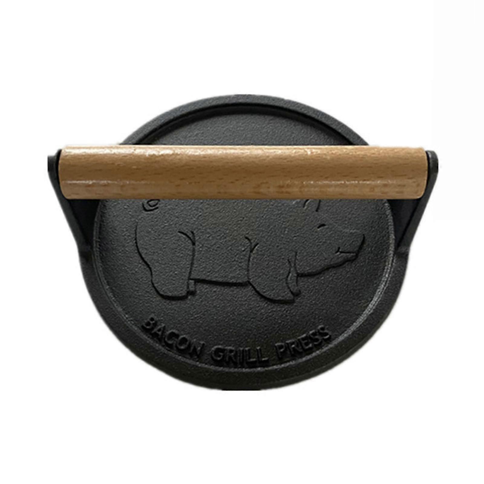 Burger Press with Wooden Handle Heavy-Duty Cast Iron Nonstick Bacon Press Piggy Pattern Round Meat Press for Kitchen