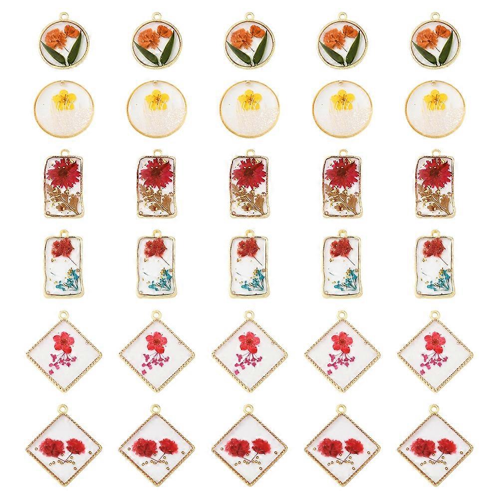 Pendants For Women 12Pcs 6 Styles Transparent Clear Epoxy Resin Pendants Inner Flower with Edge Golden Plated Alloy Loops Charms