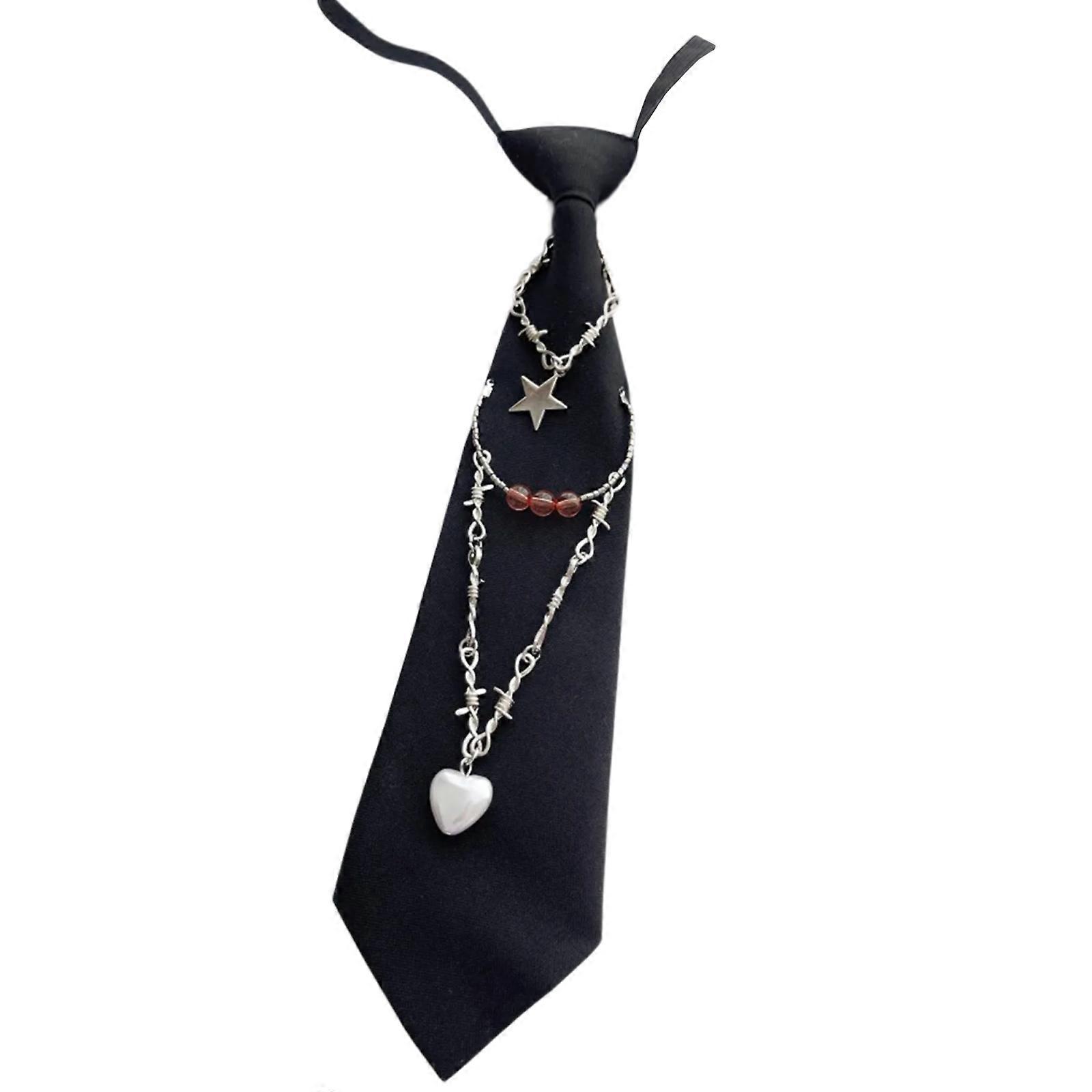 Cravate pré-nouée en métal punk avec chaîne, étoile et cœur, uniforme scolaire japonais, cravate noire ajustée, bijoux en cristal, nœud papillon