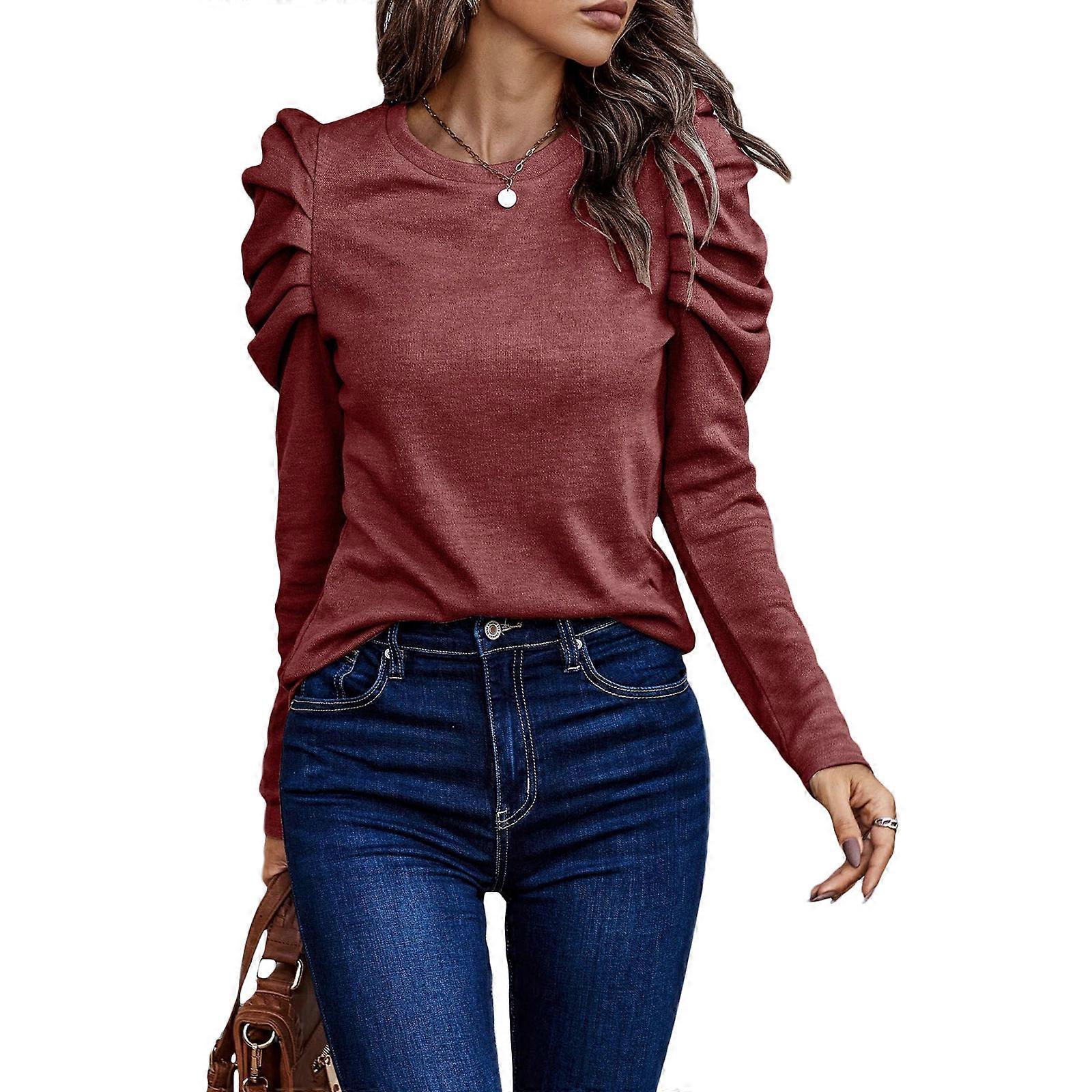 Women T Shirt Puff Long Sleeve Crew Neck T-Shirts Casual Loose T-Shirt Solid Color Fashion Blouses Tops Tunics Tees  Burgundy XL