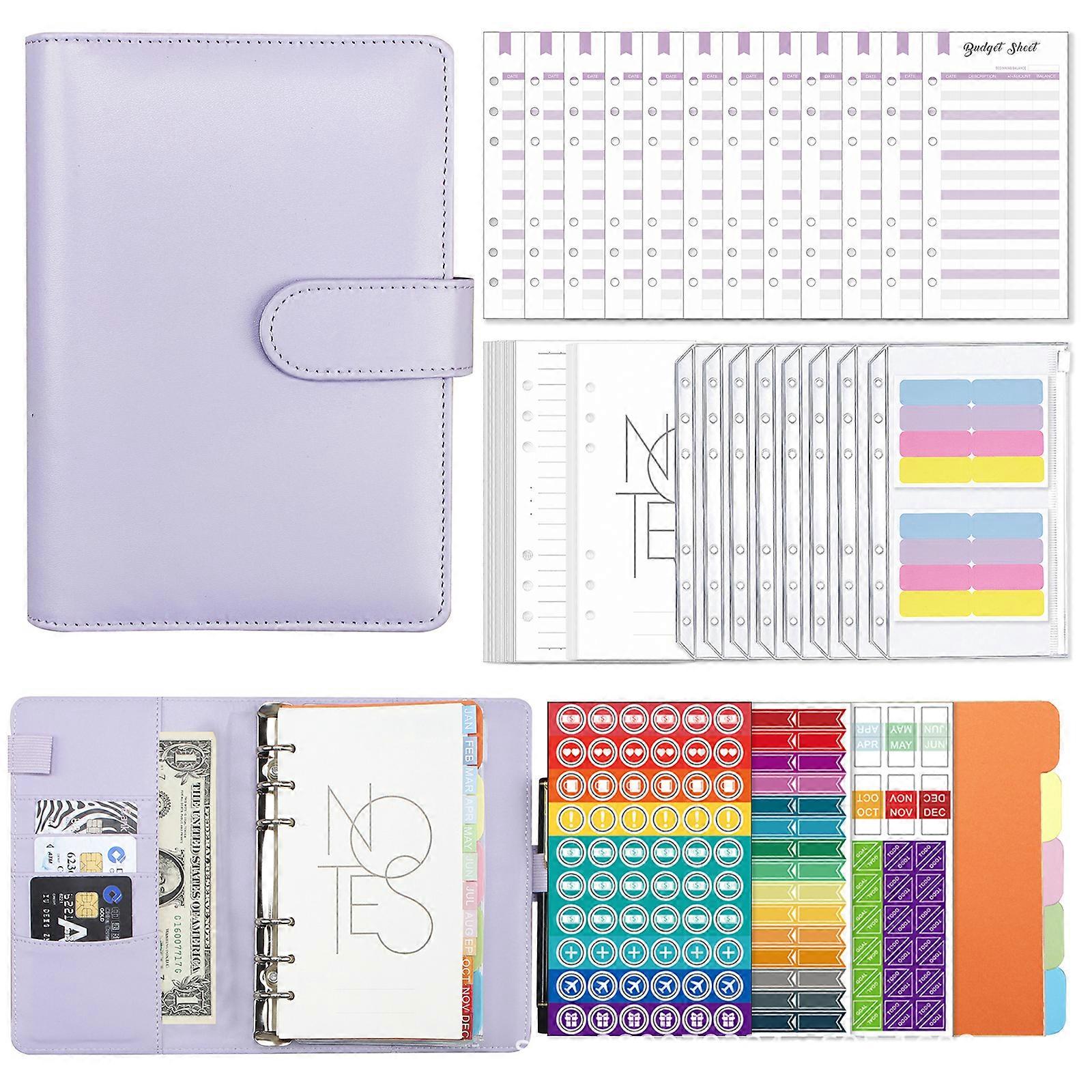 A6 Binder Planner Set with Binder Pockets Budget Sheets Index Stickers Page Dividers Binder Notepad Notebook PU Journal  Purple