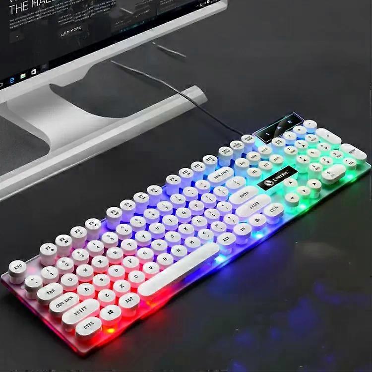 Retro Round Key Cap Wired Keyboard Mouse-104 Keys,1.4m Cable,White