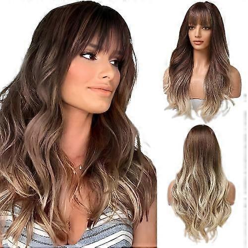Ombre Dark Brown Wigs For Women Long Curly Wig Synthetic Wig Heat Resistant Fiber
