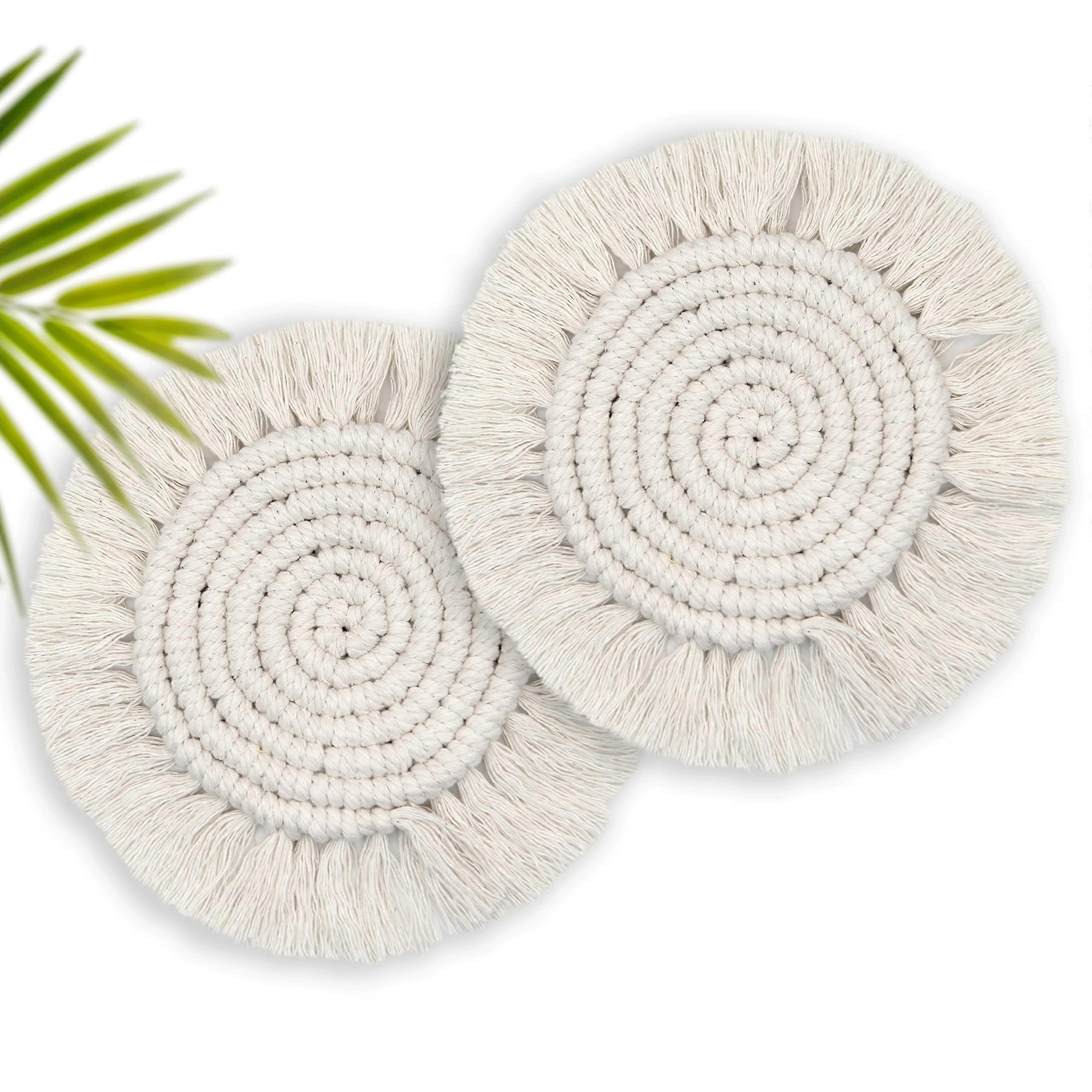 Boho Coasters Set of 2, Absorbent Handmade Woven Macrame Coasters for Mugs and Cups, Round Beige Farmhouse Decor