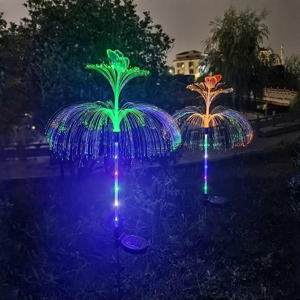 LED Solar Double-Layer Jellyfish Butterfly Lights 2-Pack, 7-Color Gradient, DuskToDawn Wireless Waterproof Garden Lights