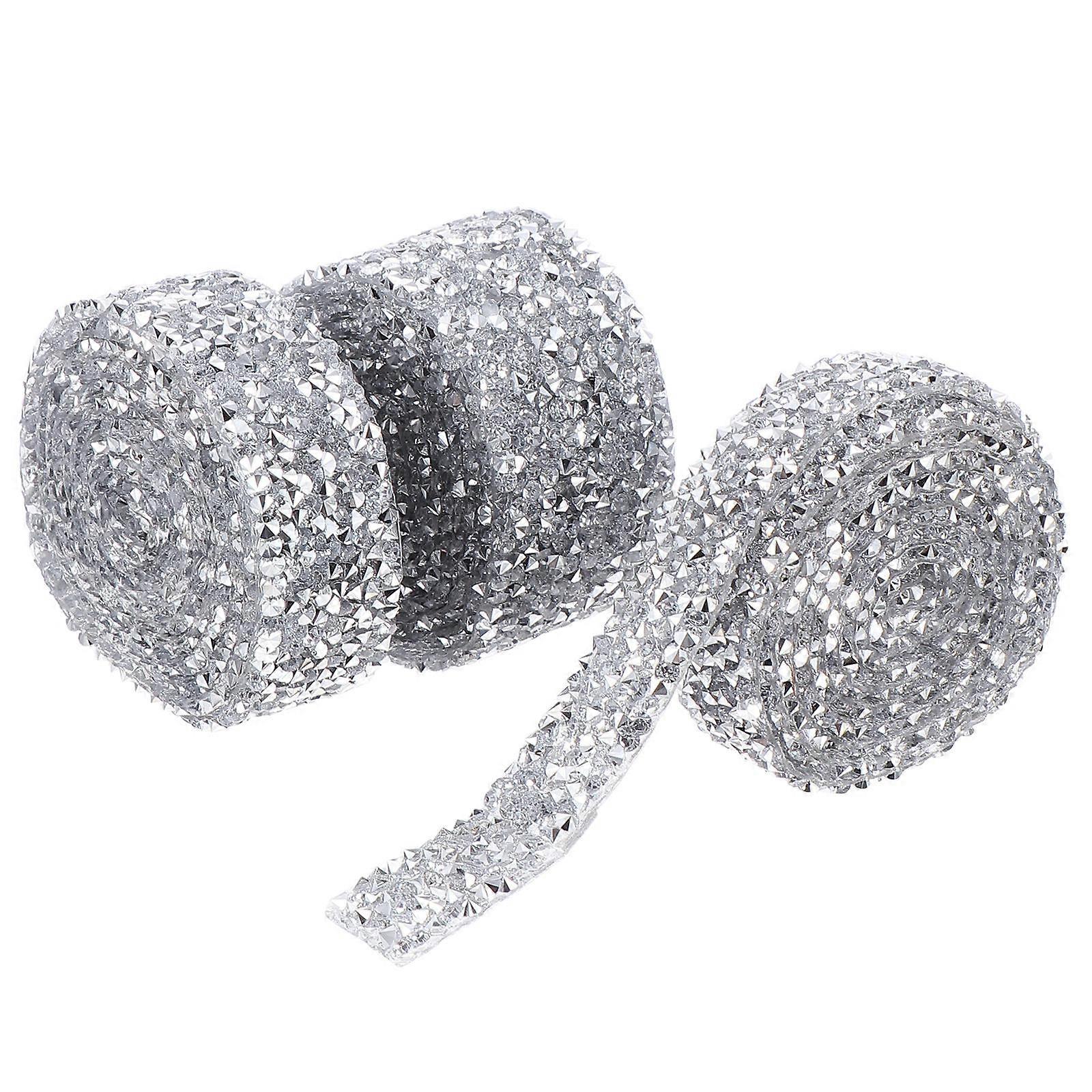 3 Rolls Self Adhesive Rhinestone Ribbon for Decoration Silver Plastic 3 Different Sizes