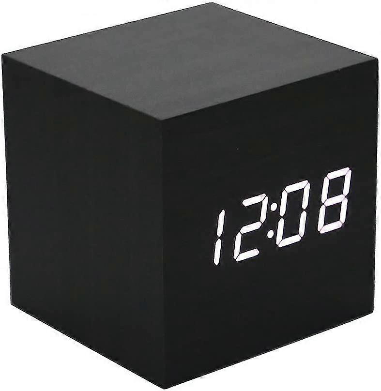 Wooden Digital Alarm Clock with Temp Display & Voice Control - Black/White
