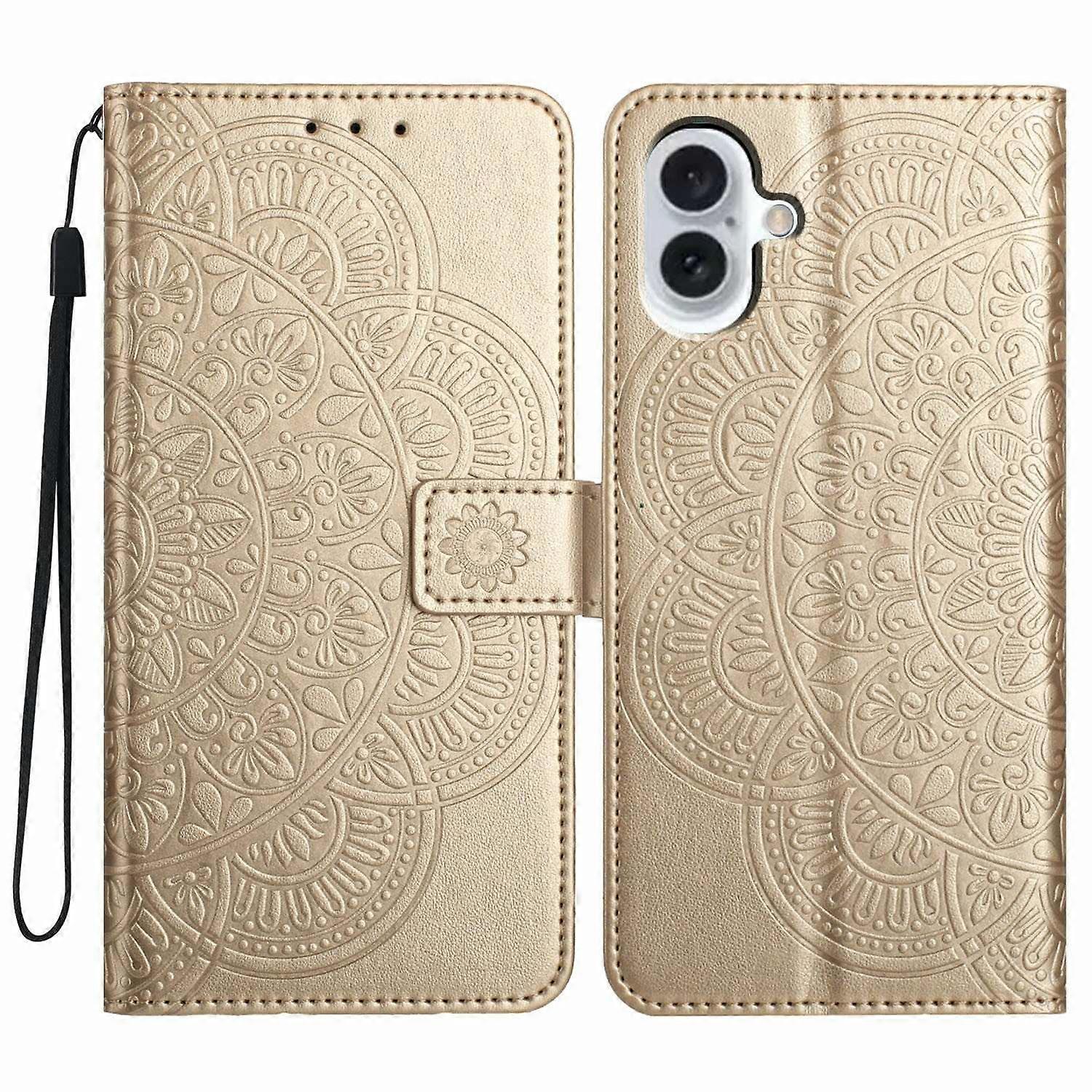 For iPhone 17 Leather Case with Strap Card Slots Mandala Pattern Stand Phone Cover
