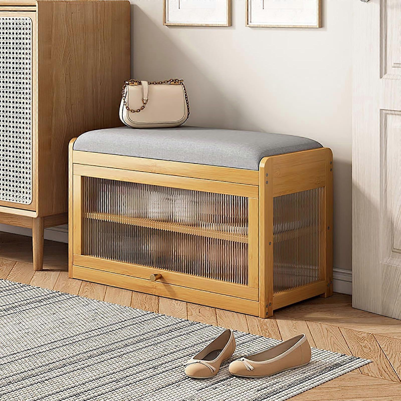 Shoe rack made of bamboo with folding doors, 2tier, padded bench 50x31x45cm