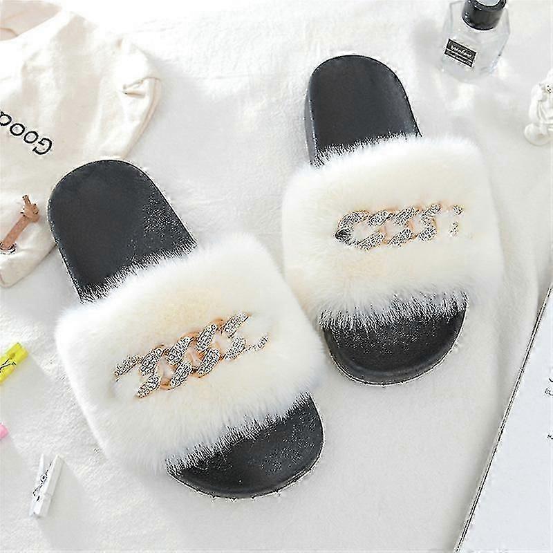 Women's Fluffy Faux Fur Slippers Comfy Open Toe Slides With Fleece Lining And Pvc Sole