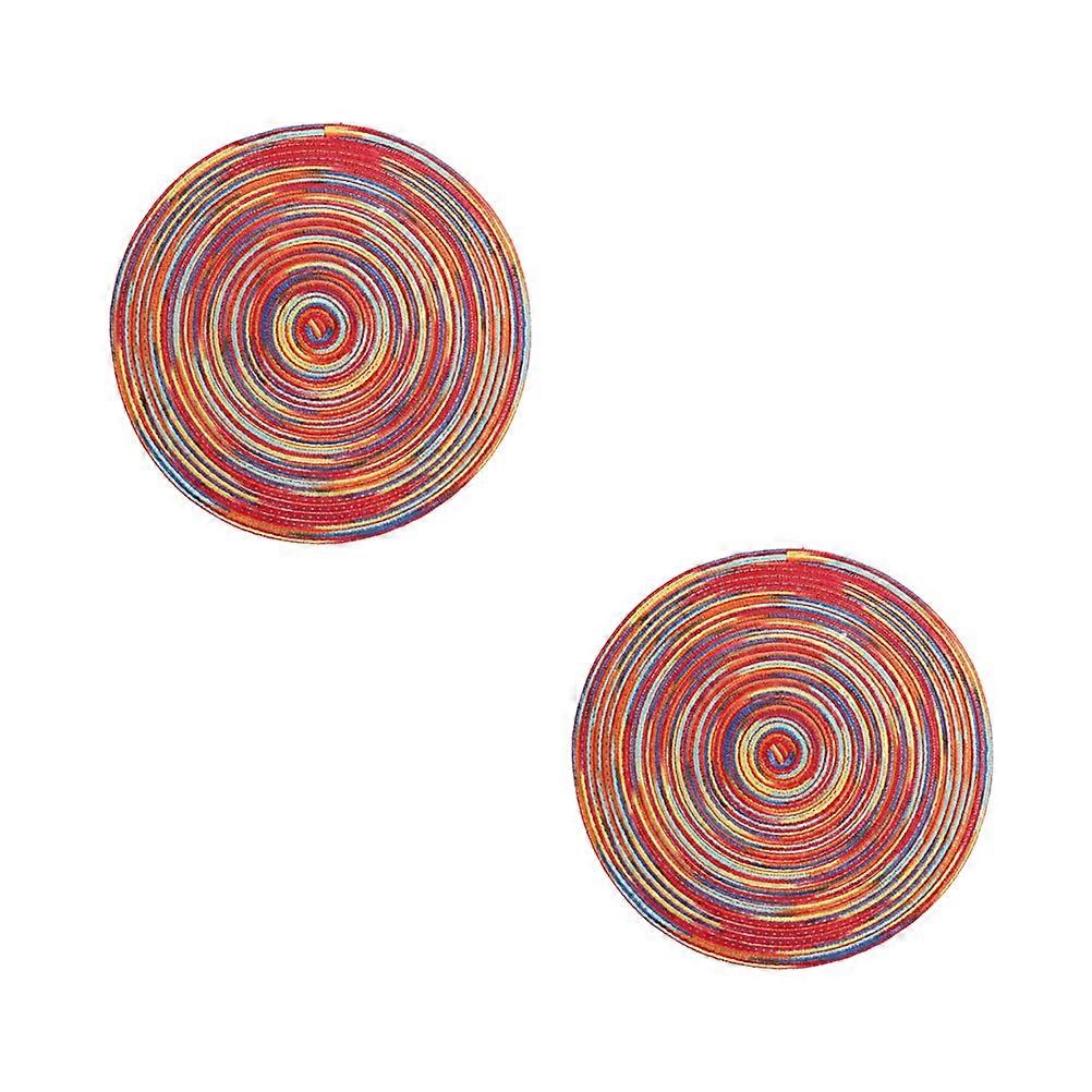 Rustic Placemats Heat Resistant Mat for Dining Table Red Round Shape Hand-woven Cotton Thread Table Mat for Home 2Pcs