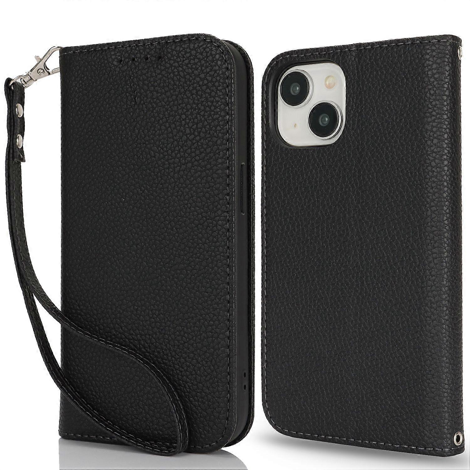 Stand Case for iPhone 15 Litchi Texture Leather Flip Phone Cover with Strap/ Wallet