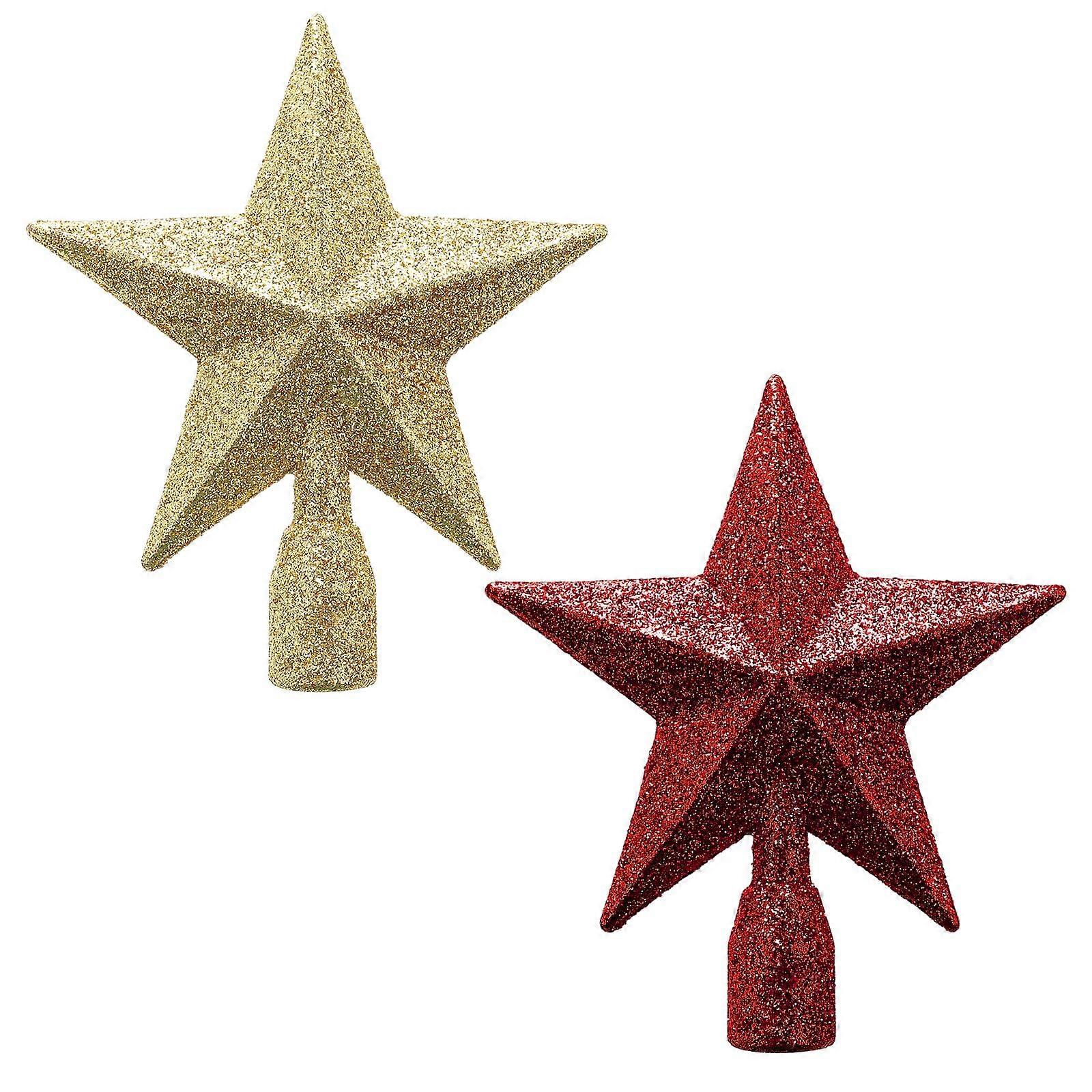 Christmas Tree Toppers Pack of 2 Glittering Mini Star Ornaments 4 Inch Gold Red Plastic Crown for Holiday Decor