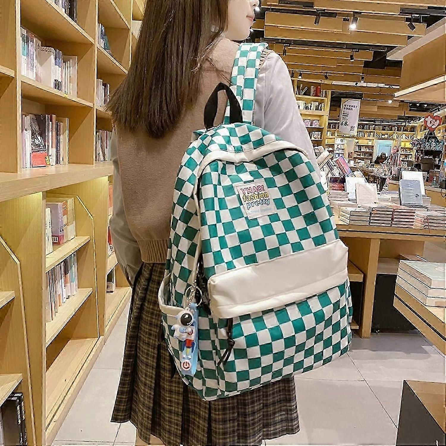 Gingham Checked Backpack for Students Back to School Supplies (Green)