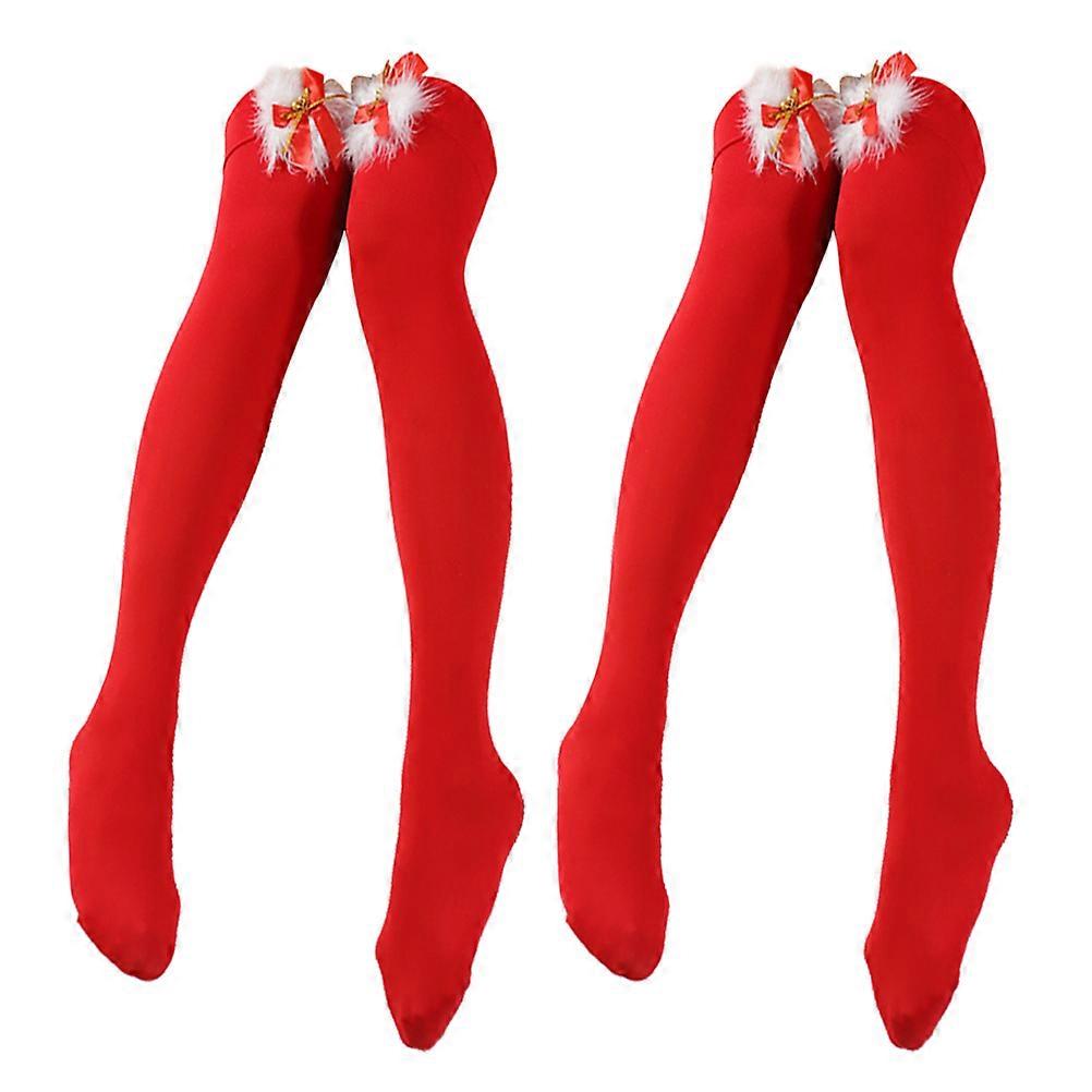 Red Bow Socks Christmas Dress Up Performance Long Socks Bowknot Small Bell Stockings Red Acrylic Fiber Warmth 2 Pair