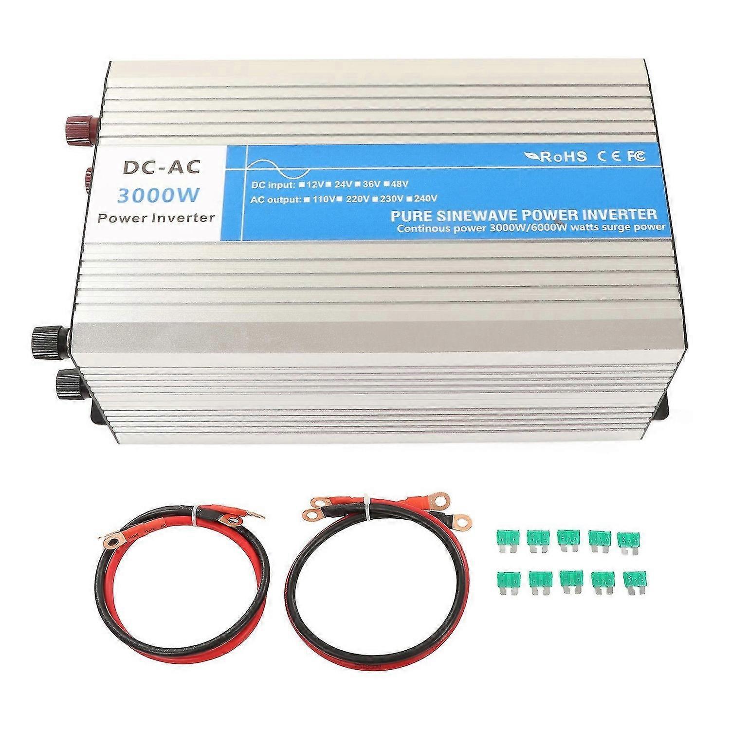 3000W Pure Sine Wave Inverter DC to AC Power Converter with Sockets USB Ports Cooling Fan AC220V Output DC24V Input