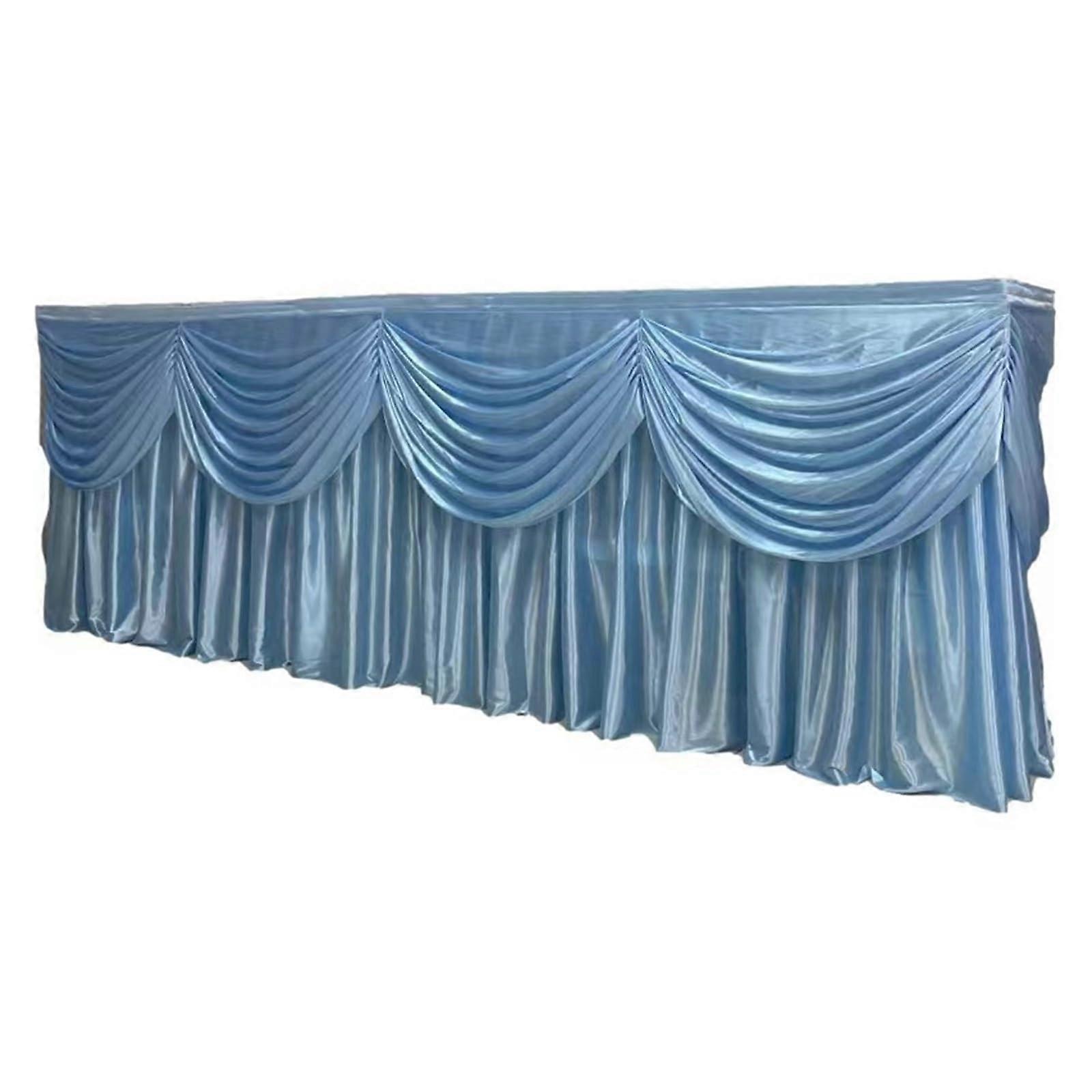 Metallic Fringe Table Skirt Light Blue Ice Silk 15ft L x 29.5inch H Colorful Pleated Ruched Table Skirting for Weddings