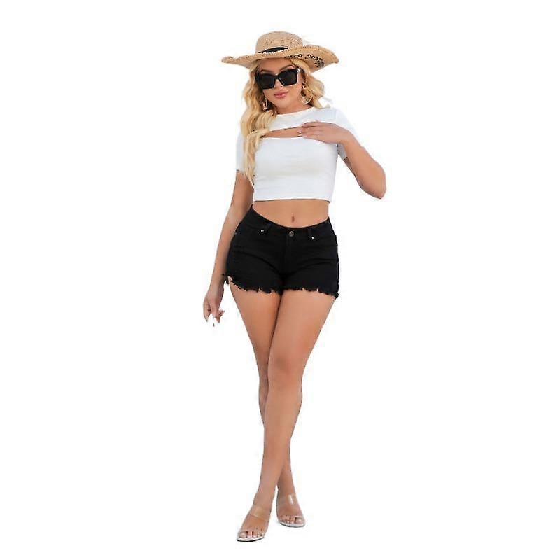 Summer Women's Plus Size Casual Vintage Solid Colour High Waist Whiskered Denim Shorts