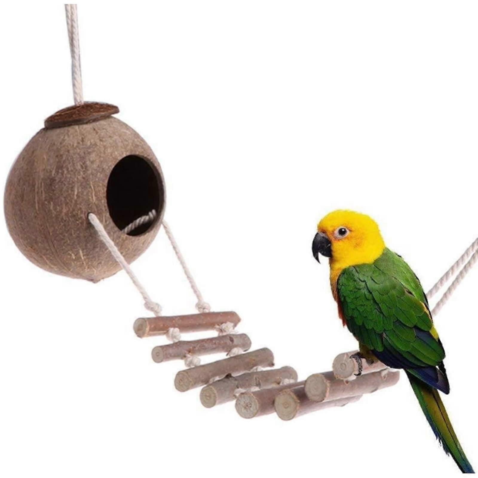 Bird Nest Natural Coconut Shell with Wooden Ladders Durable Hanging Swing for Parrots