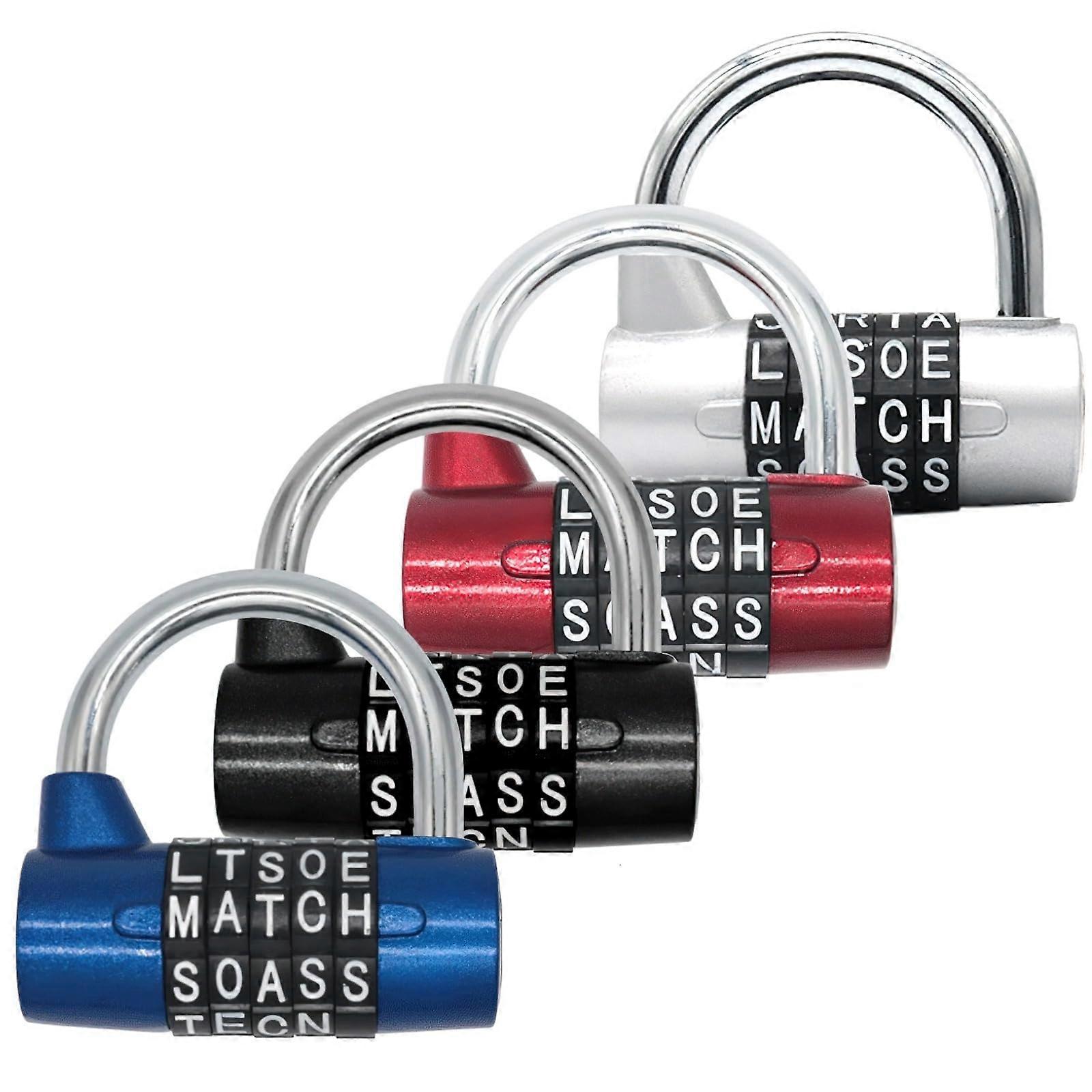 Combination Locks 4-Pack, 5-Digit Resettable Code, Corrosion-Resistant, For Lockers, Red, Silver, Black, Blue, Gym or School