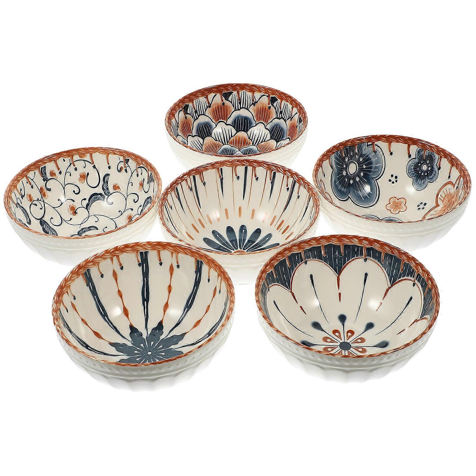 Ceramic Bowl Set 6Pcs For Adults Printed Dessert Serving Bowls Assorted Color Food Serving