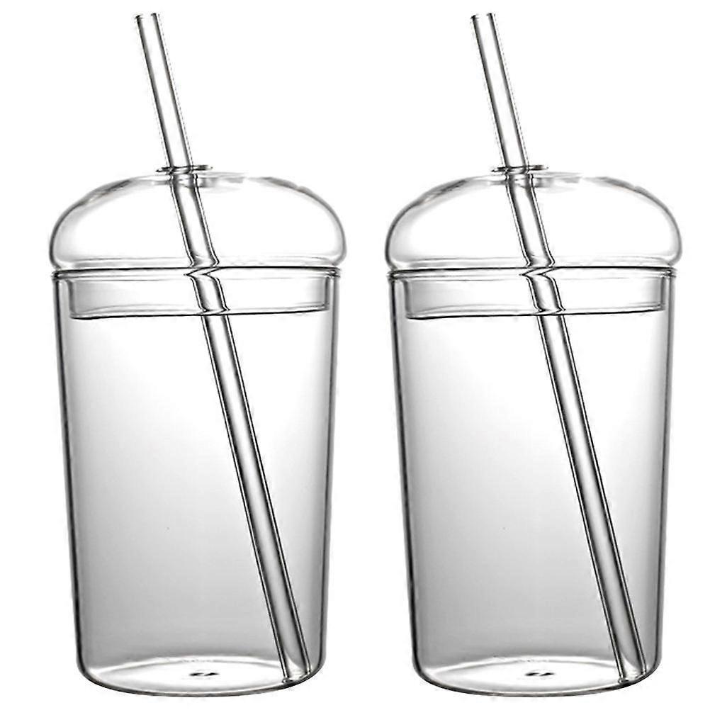 2 Set Glass Water Cups Portable with Straw Large Capacity Juice Mugs Beverage Drinking Cups