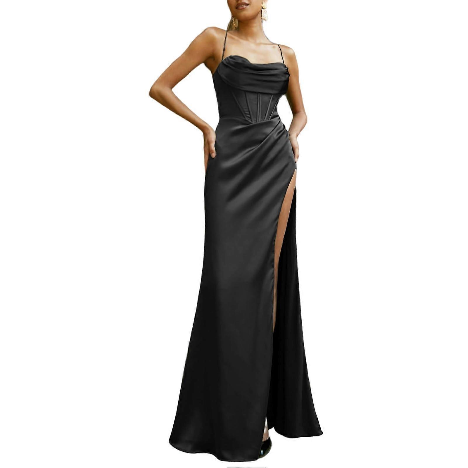 Maxi Dress Solid Black Smooth Satin Spaghetti Straps Long Dress Size Large for Elegant Evening Wear