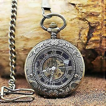 Double Hunter Hand-Wind Bronze Mechanical Pocket Watch with Roman Numerals & Antique Chain