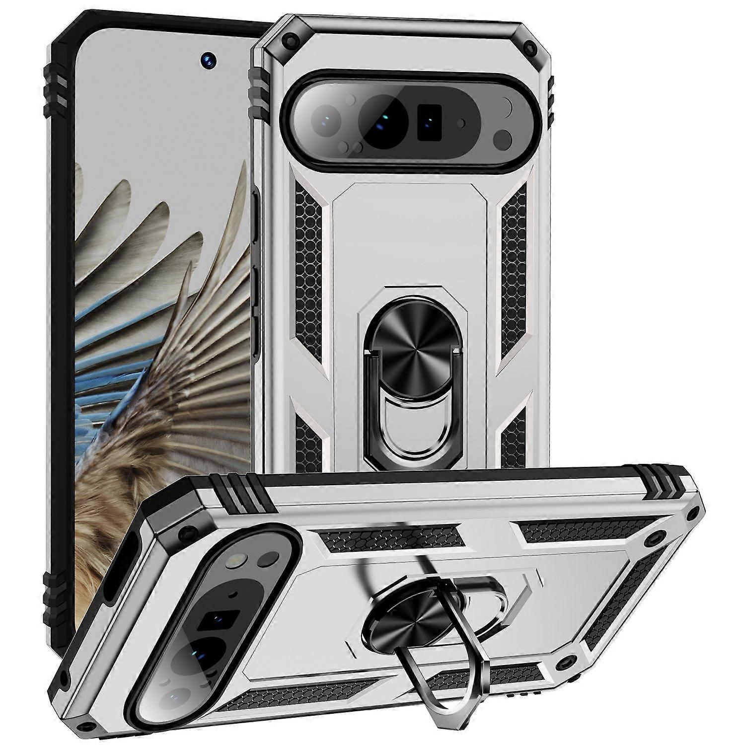 For Google Pixel 9 Pro XL Case Shockproof Kickstand PC+TPU Phone Cover - Silver