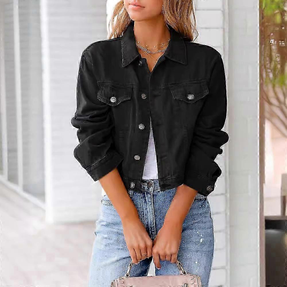 Vintage Spring Style Long-Sleeve Denim Jacket with Elegant Lapel Collar and Solid Color Design