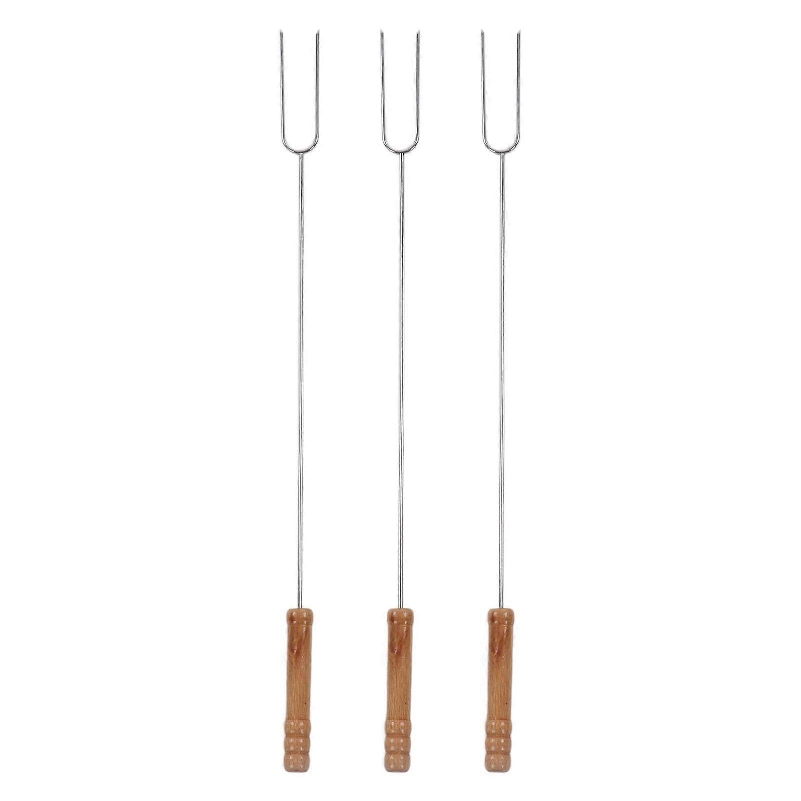 3Pcs Barbecue Forks Multifunctional Stainless Steel Roasting Stick with Beech Wood Handle for Outdoor BBQ Camping 47.2cm