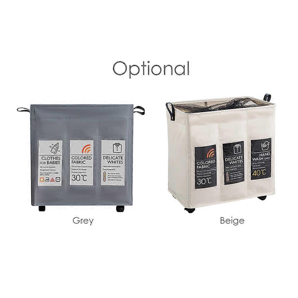 Rolling Slim Laundry Basket 3 Compartments 55x35x60cm Beige/Grey