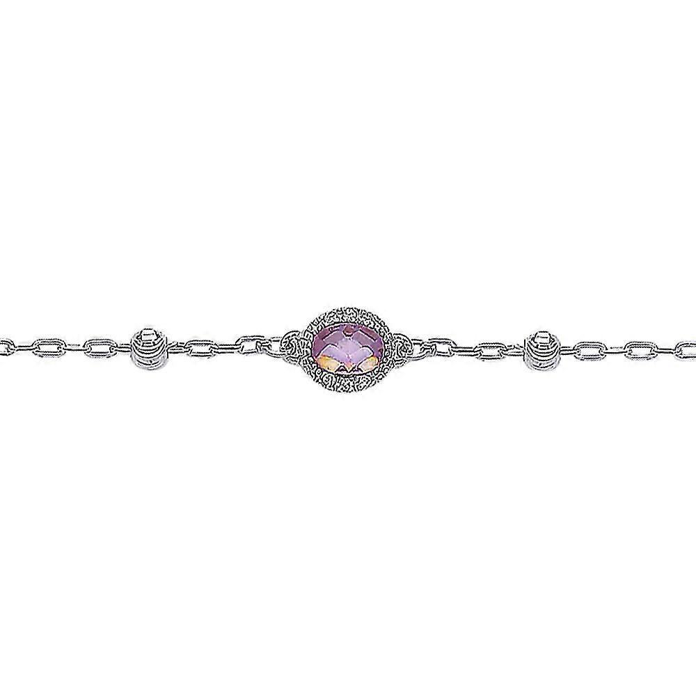 Jewelco London 纯银紫色椭圆形立方氧化锆光环珠按英寸手链