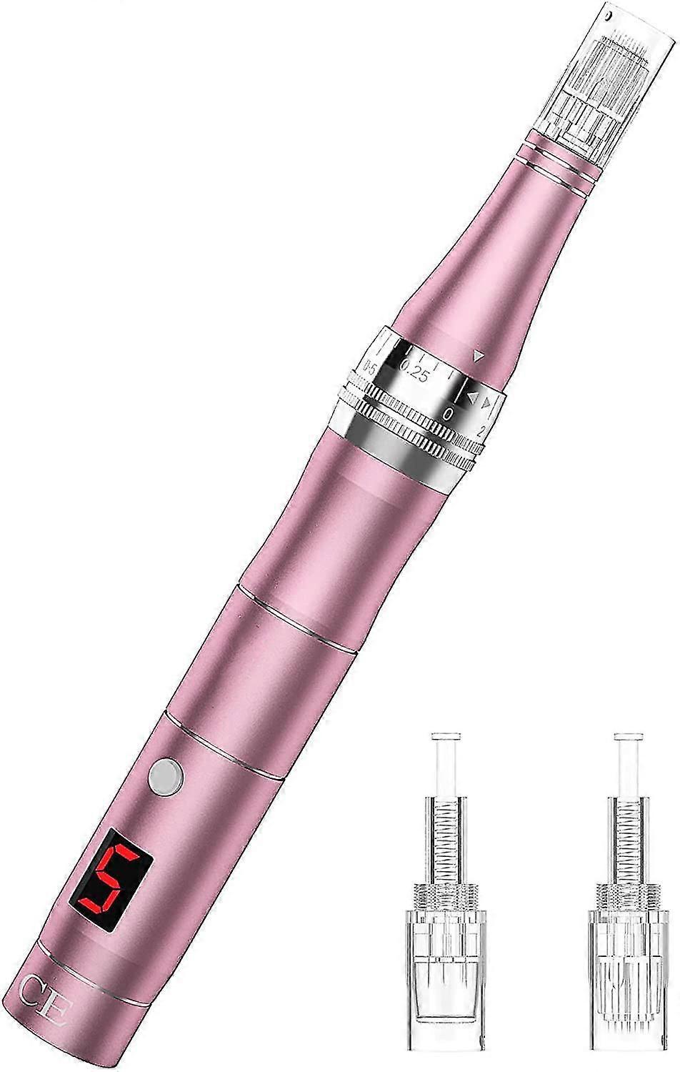 Mircroneedling Pen met LCD Display Draadloos 0-2 mm Instelbaar 5 Snelheden Derma pen Oplaadbaar, Roze