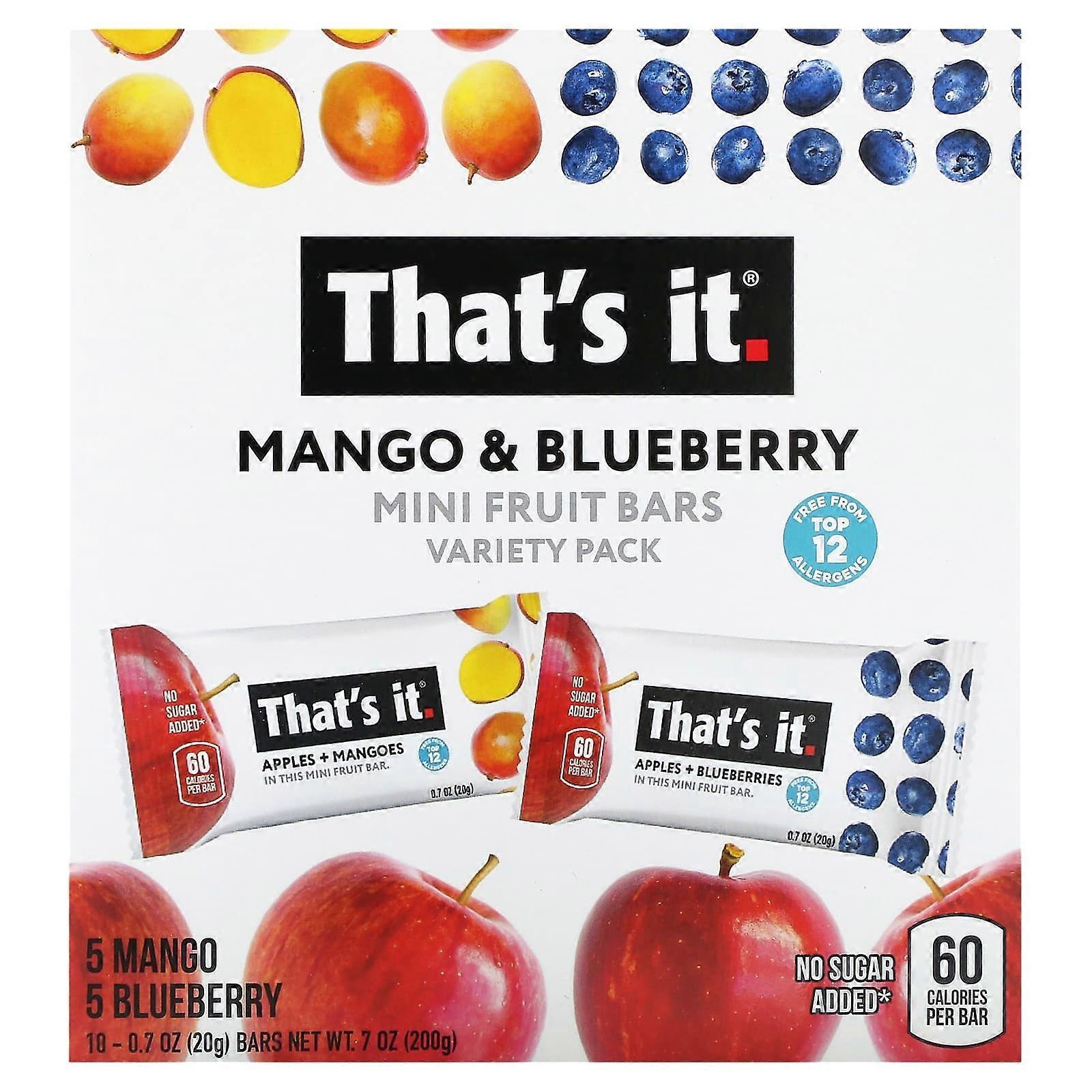 Mini Fruit Bars,  Variety Pack, Mango & Blueberry, 10 Bars, 0.7 oz (20 g) Each