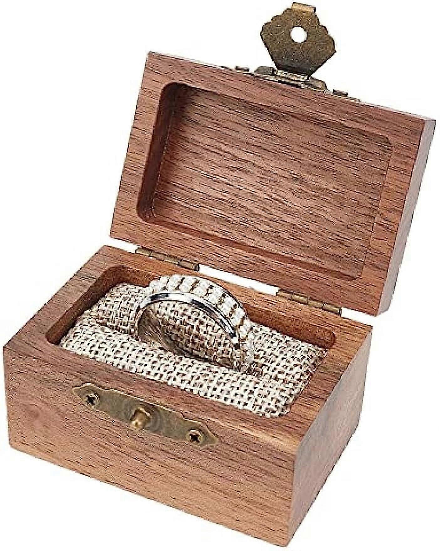 1pc Vintage Wood Ring Storage Boxes Rectangle Ring Case Box with Jute Inside and Iron Clasps Ring Box for Wedding