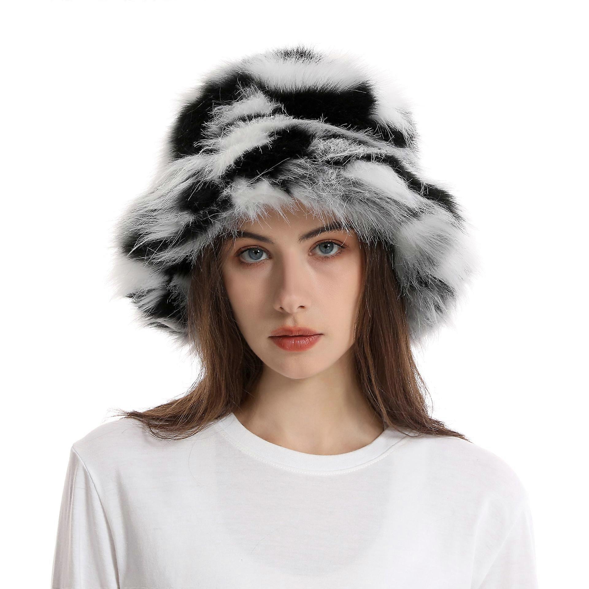 Damen-Wintermützen, Kunstpelz-Bucket-Hat, Leopardenmuster, Vintage, warm
