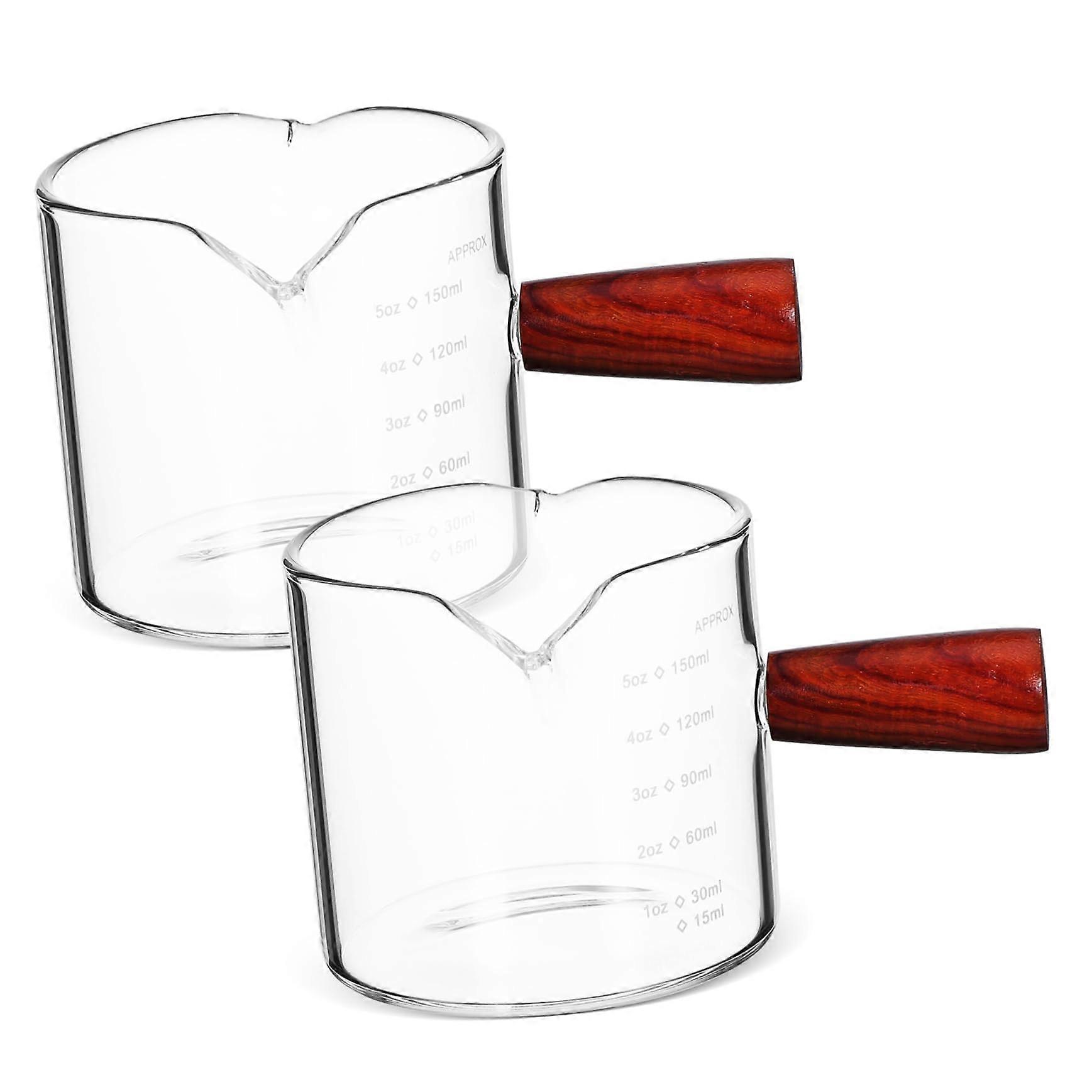2 Pack Glass Espresso Measuring Cups with Wooden Handle Dual Scale for Coffee and Syrup