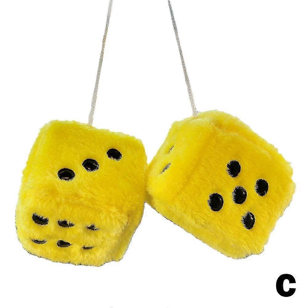 Soft Fluffy Fuzzy Dice for Car Mirror - Colorful Spotty Hanging Decor Yellow