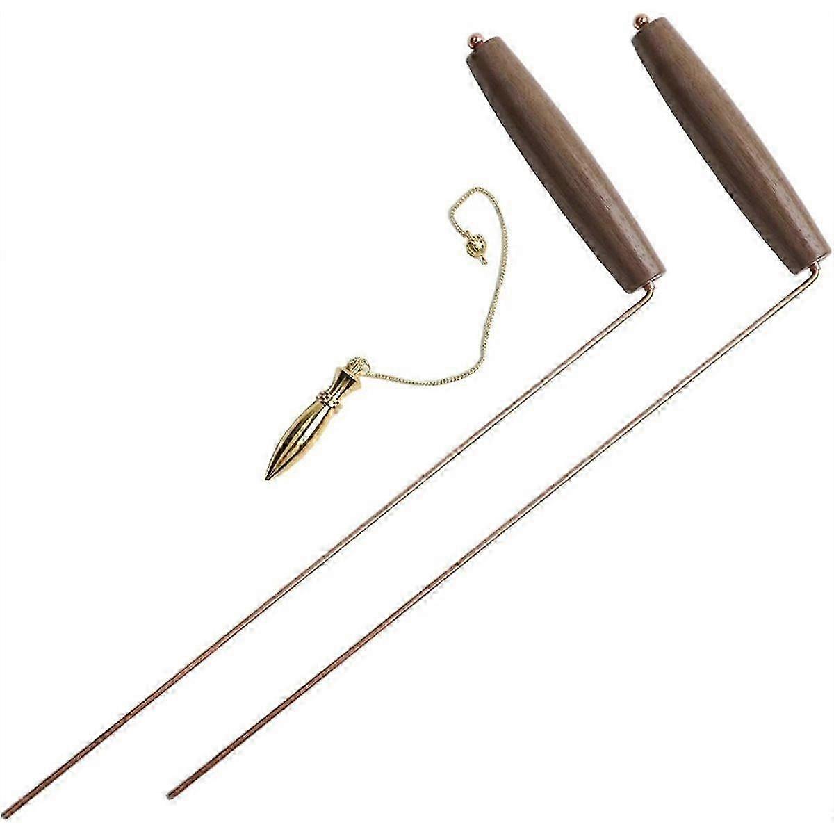 Copper Dowsing Tools with Walnut Handle Dowsing Rods and Pendulum Set suitable for Water Finding Gold Detecti
