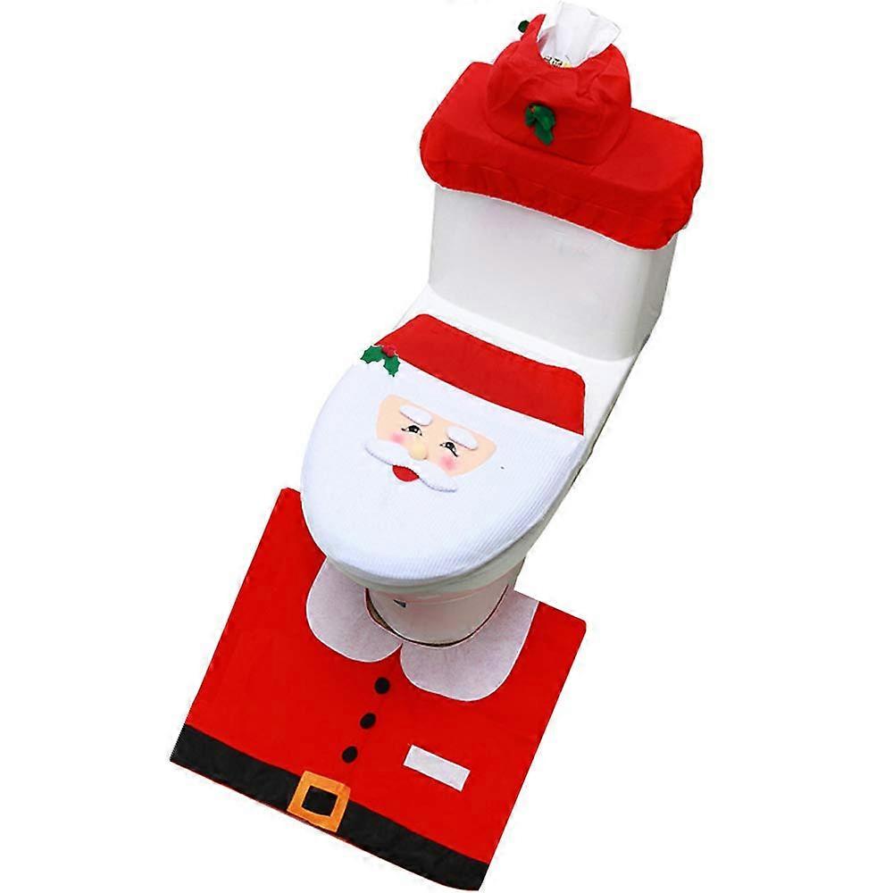 Christmas Bathroom Set Santa Claus Toilet Seat Cover with Rug and Tank Tissue Box, 3 Piece Holiday Decor