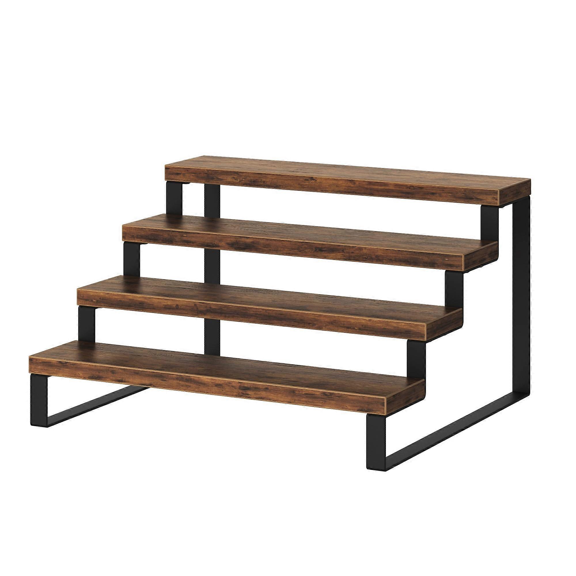 Rustic 4 Tier Wooden Display Shelf with Durable Metal Frame for Cupcakes Perfume and Makeup