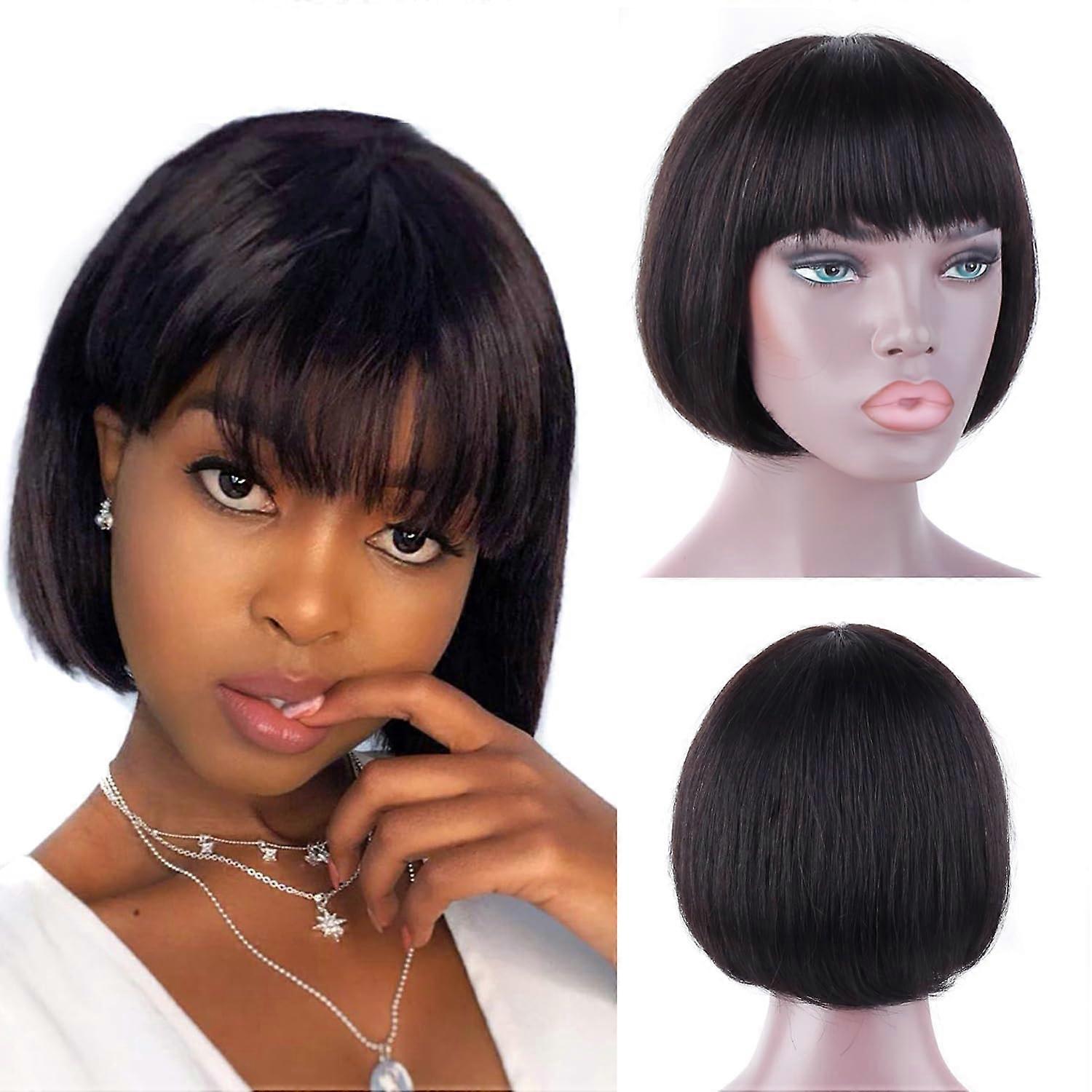 Bob Wig with Bangs 10 Inch Straight Brazilian Remy Human Hair, Glueless 150% Density Natural Black