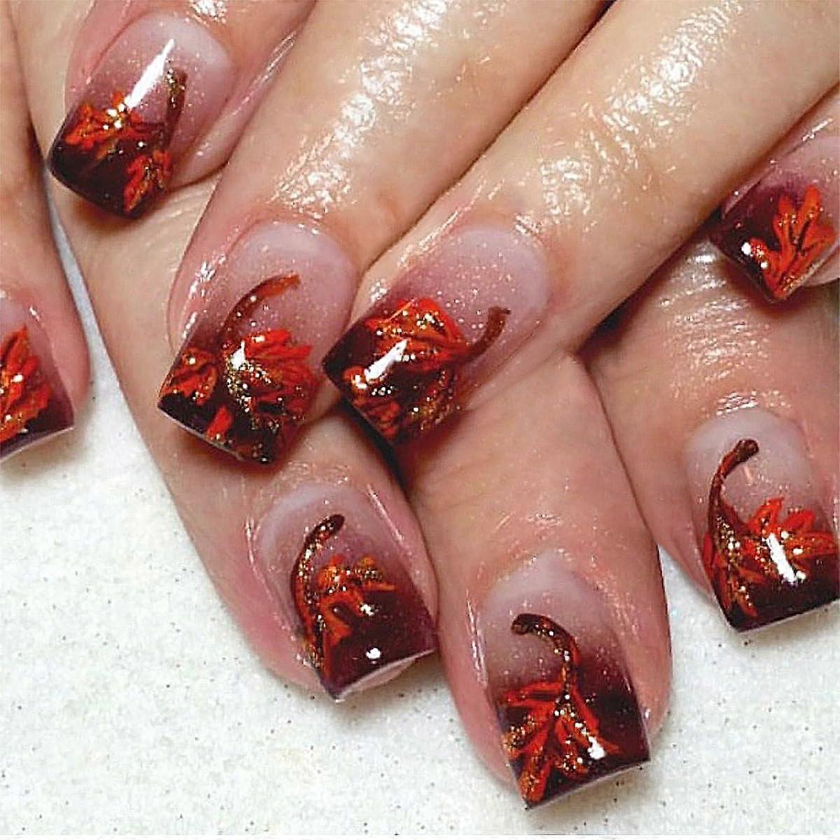Short Square Press On Nails with Red Maple Leaf Autumn Glitter Design, Reusable 24 PCS
