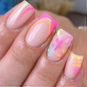 Medium Length Square Press On Nails Pink French Tip Fake Nails with Flower Design Reusable Set 24pcs
