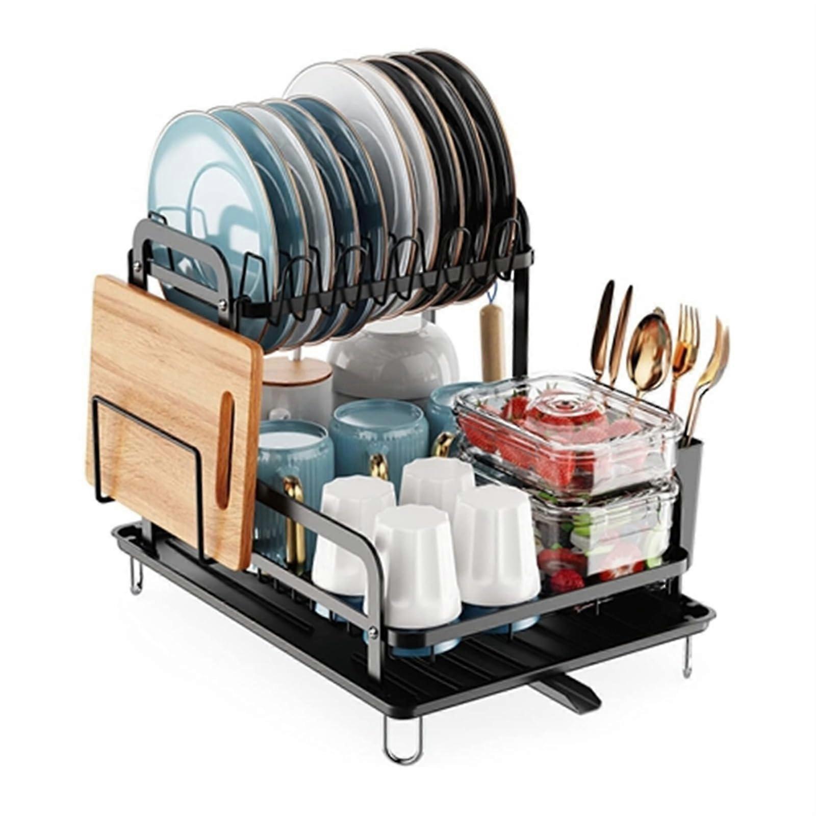 Large Capacity 2 Tier Dish Drying Rack with Drainboard, Rustproof Kitchen Counter Organizer