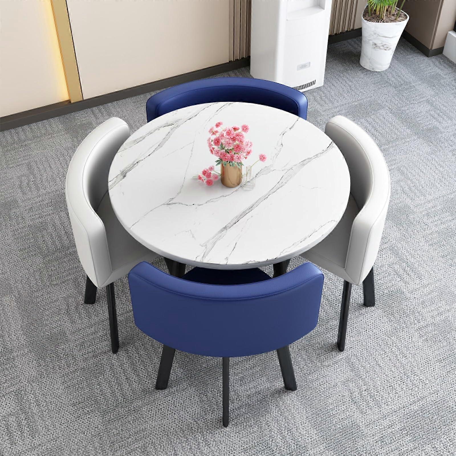 Small Round Dining Table Set for 4 with Comfortable Leather Chairs, Space Saving Design, Blue 70
