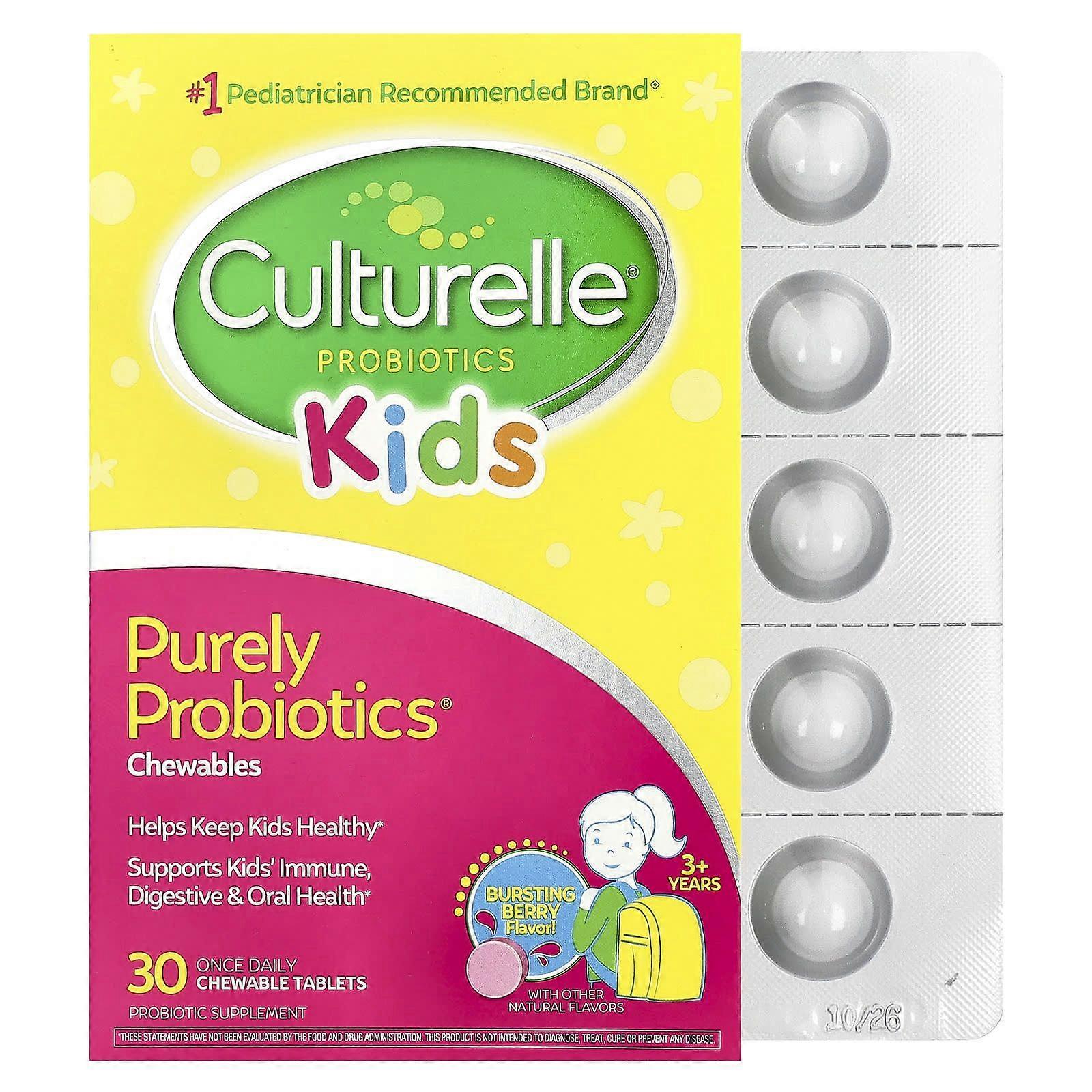 Culturelle, Kids, Purely Probiotics® Chewables, 3+ Years, Bursting Berry, 30 Chewable Tablets (25  m