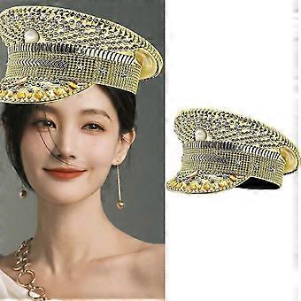 Rhinestone Navy Hat for Lady Wedding Bride Glittering Sergeant Hat Novelty Birthday Party Hat Captain Hat for Night Club  Gold