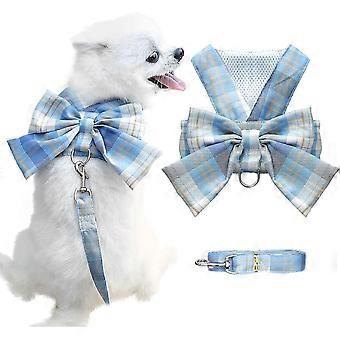Adjustable Soft Mesh Harness & Leash Set with Bow & D-Ring for Small Dogs Blue XL